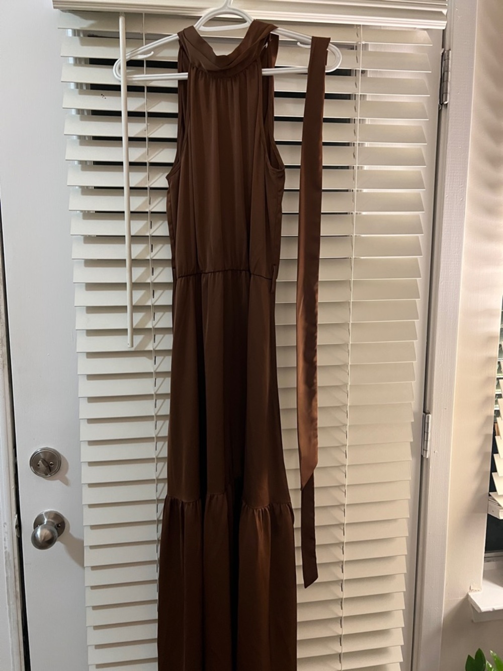 Kirundo, chocolate brown halter sleeveless layered flowy party maxi dress size S